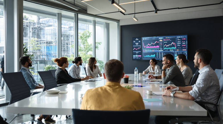Financial professionals collaborate on AI-enhanced market strategies using real-time data and predictive analytics.
