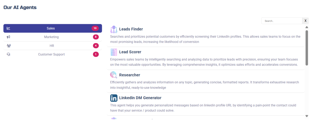 Cubeo AI Agents dashboard showcasing Sales, Marketing, HR, and Customer Support automation tools like Leads Finder, Lead Scorer, Researcher, and LinkedIn DM Generator