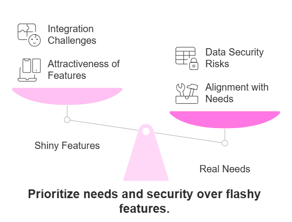 Choosing AI Tools: Prioritize essential needs and data security over flashy, less critical features for long-term success.