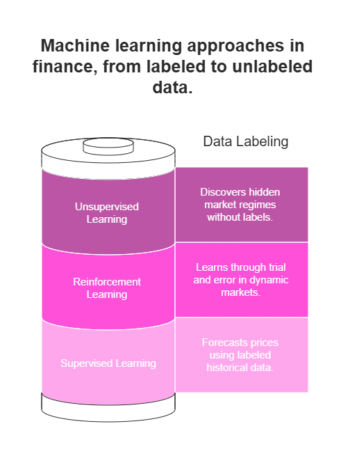 Visual breakdown of machine learning approaches in finance showing supervised, reinforcement, and unsupervised learning by data labeling levels.