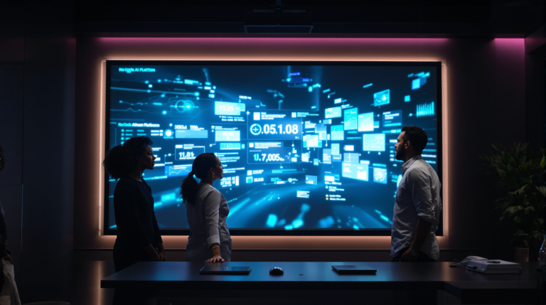 Executives examine AI-driven dashboards illustrating transformative industry trends shaping business in 2025