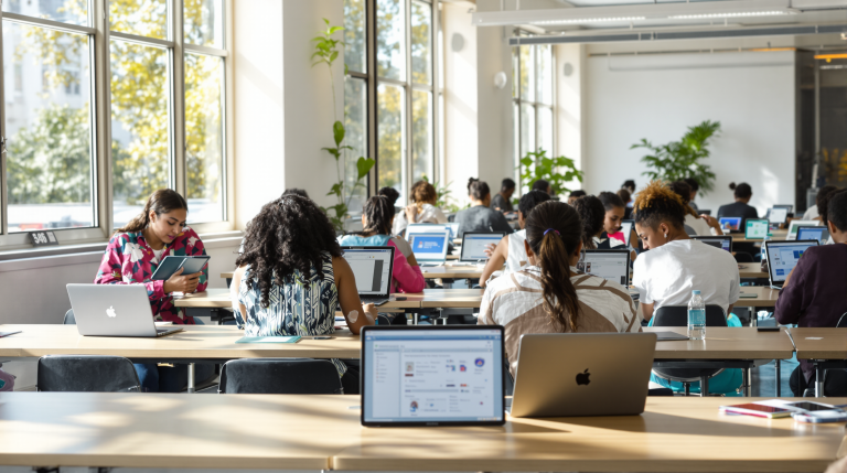 AI education made accessible — a classroom of beginners engaging with artificial intelligence tools for the first time.