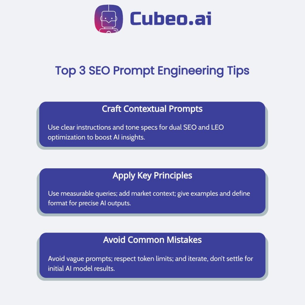 Top 3 SEO Prompt Engineering Tips: 1. Craft Contextual Prompts. 2. Apply Key Principles. 3. Avoid Common Mistakes.