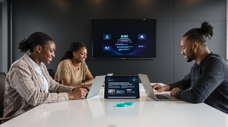 Business professionals collaborate on optimizing B2B operations by implementing AI workflow automation with Cubeo AI.