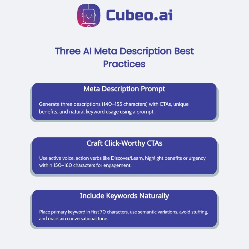 Three AI Meta Description Best Practices: Meta Description Prompt, Craft Click-Worthy CTAs, Include Keywords Naturally.