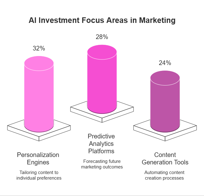 AI marketing investment focus: 32% of budgets go to personalization engines, 28% to predictive analytics, and 24% to content generation tools.