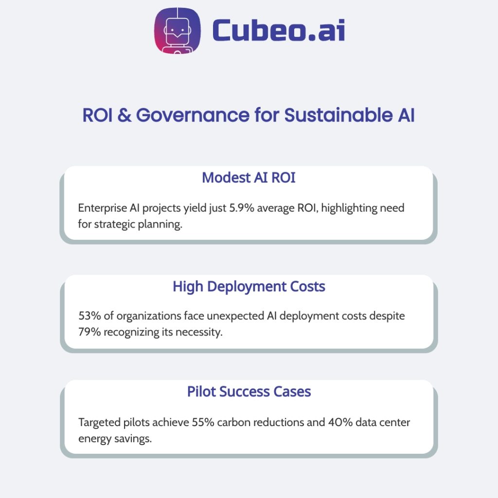Three highlights infographic on sustainable AI in e commerce: average ROI of 5.9%, underscoring strategic planning; 53% face unexpected deployment costs despite 79% affirming AI necessity; pilots deliver 55% carbon reduction and 40% energy savings.