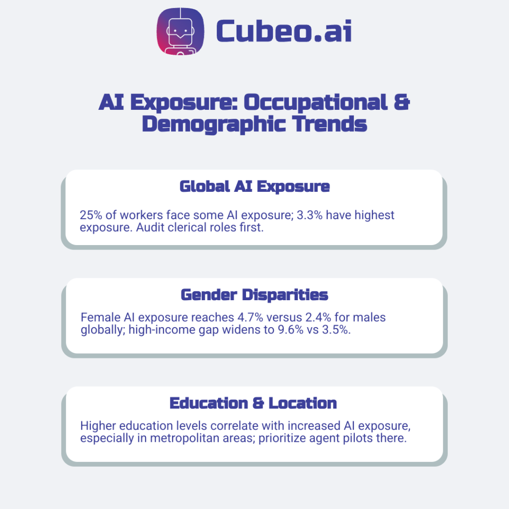 Infographic highlighting occupational and demographic AI exposure trends: 25% overall exposure, higher female exposure, and education/location correlations.