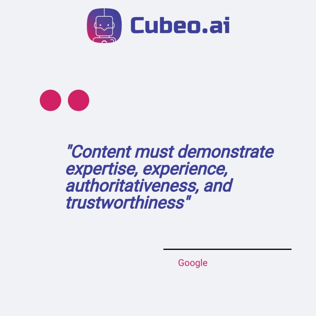 Quote card infographic on a #f0f2f5 background featuring Google’s guideline: “Content must demonstrate expertise, experience, authoritativeness, and trustworthiness,” styled with brand fonts and colors.