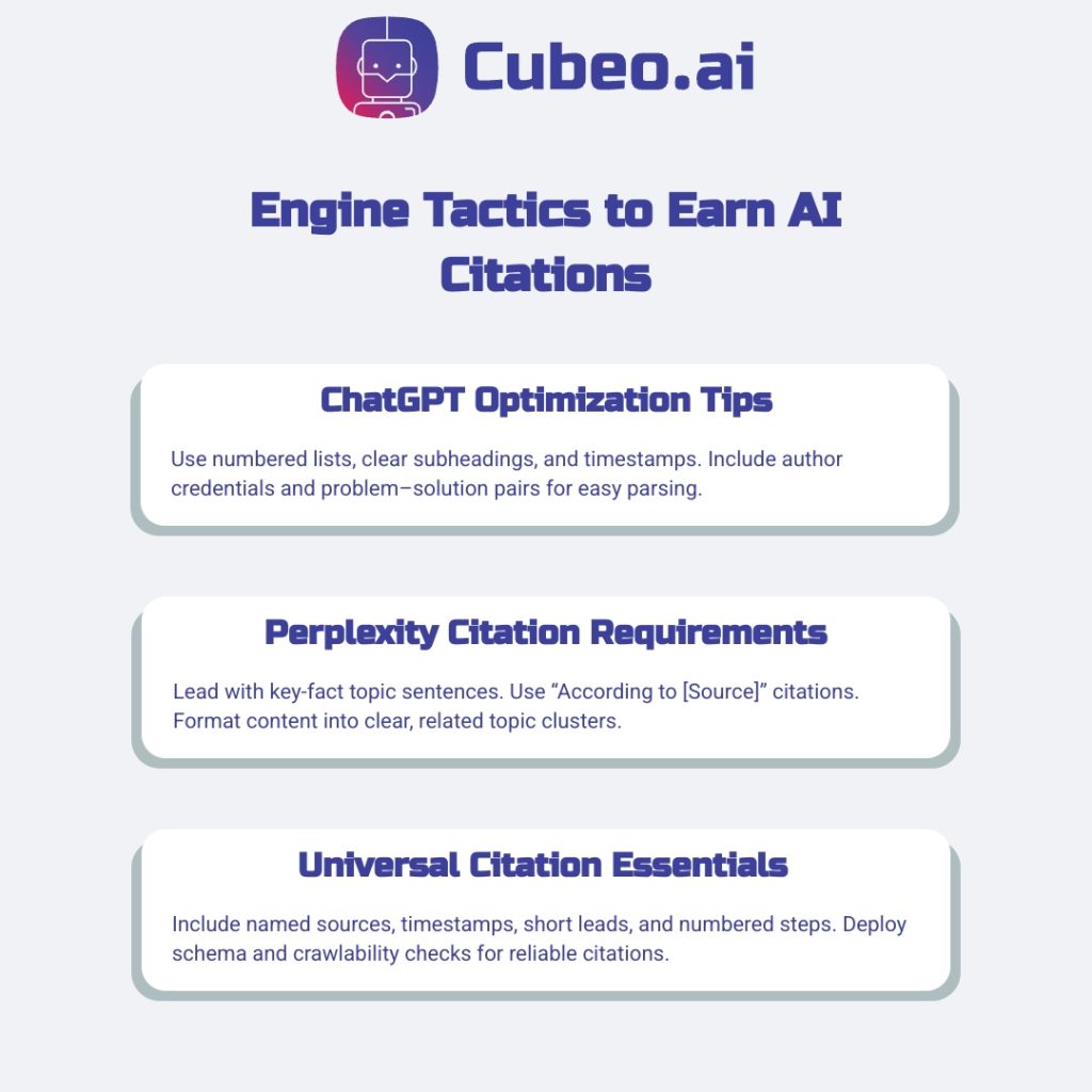 Three-card infographic highlighting AI citation tactics: ChatGPT optimization tips, Perplexity citation requirements, and universal essentials. Designed with brand colors and uniform card styling on a #f0f2f5 background.