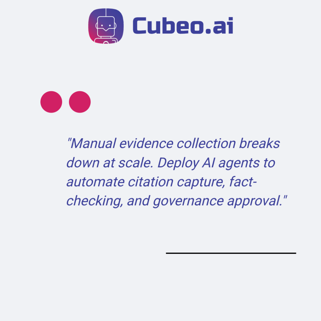 Quote card infographic highlighting the importance of automating E-E-A-T evidence collection at scale using AI agents and governance checkpoints, styled with brand colors and fonts.
