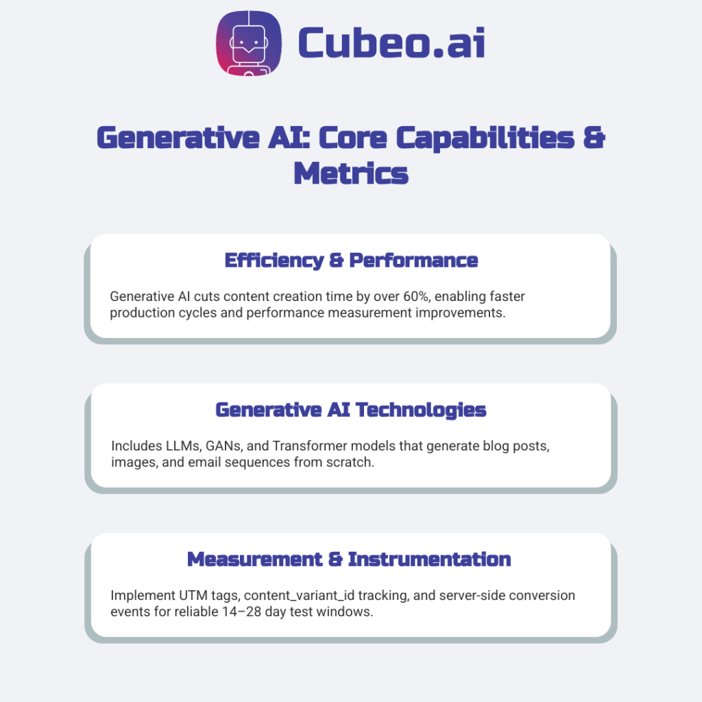 Infographic of generative AI capabilities: cuts content creation time by 60%, uses LLMs/GANs/Transformers, and UTM tracking for 14–28 day measurements.