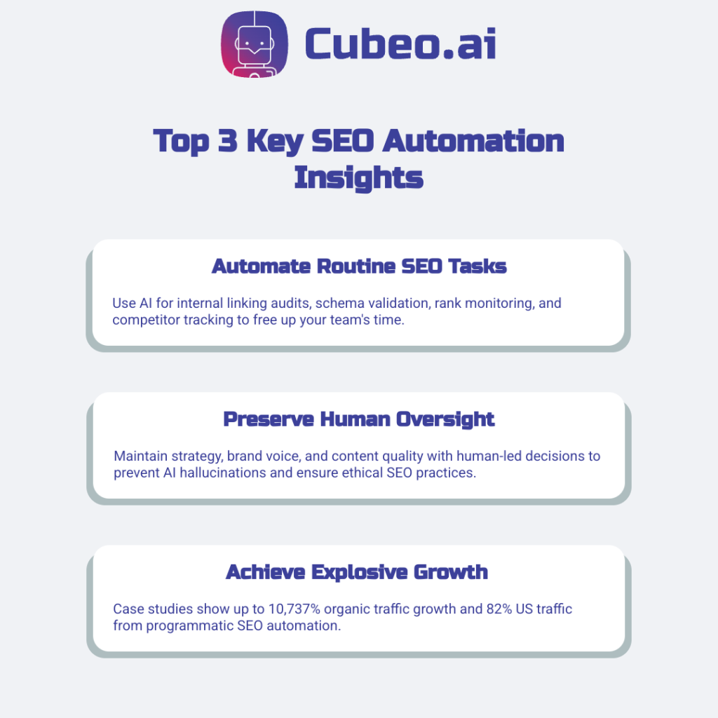 Infographic titled “Top 3 Key SEO Automation Insights” showcasing how to automate routine SEO tasks, preserve human oversight, and achieve explosive growth through AI-driven workflows. Branded with #f0f2f5 background and primary #3C409A accents.