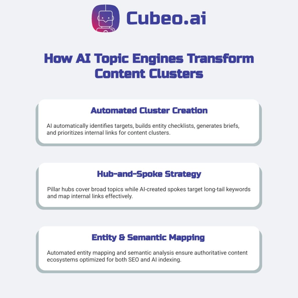 AI Topic Engines Content Clusters Infographic: three key benefits—Automated Cluster Creation, Hub-and-Spoke Strategy, and Entity & Semantic Mapping—showcased on branded cards with #3C409A headings and #f0f2f5 background