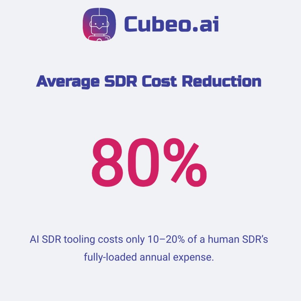 Infographic metric card showing AI SDR cost reduction of 80% compared to human SDRs using branded colors