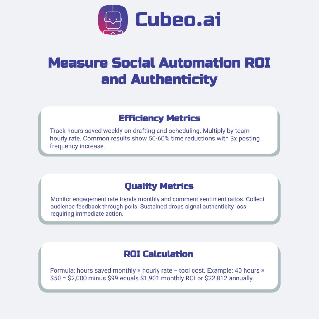 Three-card framework for measuring social automation ROI covering efficiency metrics, quality metrics, and ROI calculation with concrete example