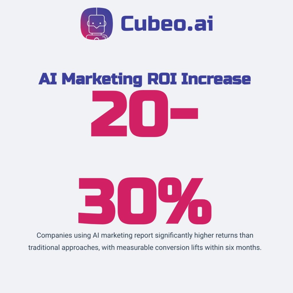 AI Marketing ROI metric card showing 20-30% higher returns compared to traditional approaches, with measurable conversion lifts within six months