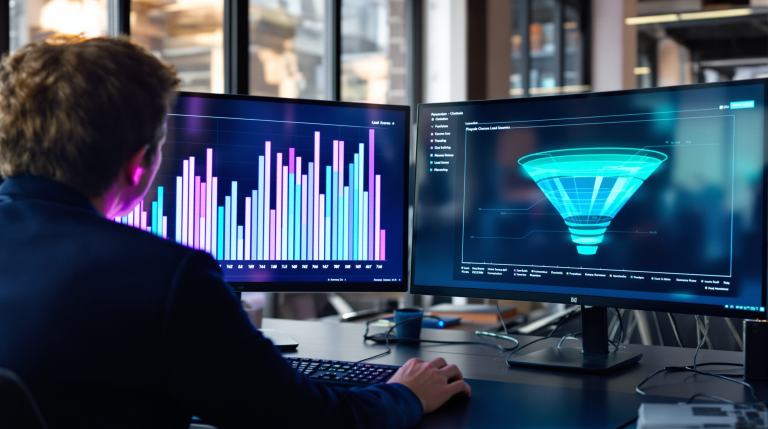 Man looking to 2 computer screens with funnels