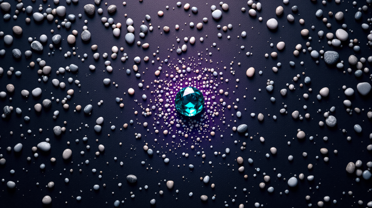 Dozens of grey pebbles funneling toward a single teal gemstone in macro photography, representing lead qualification filtering
